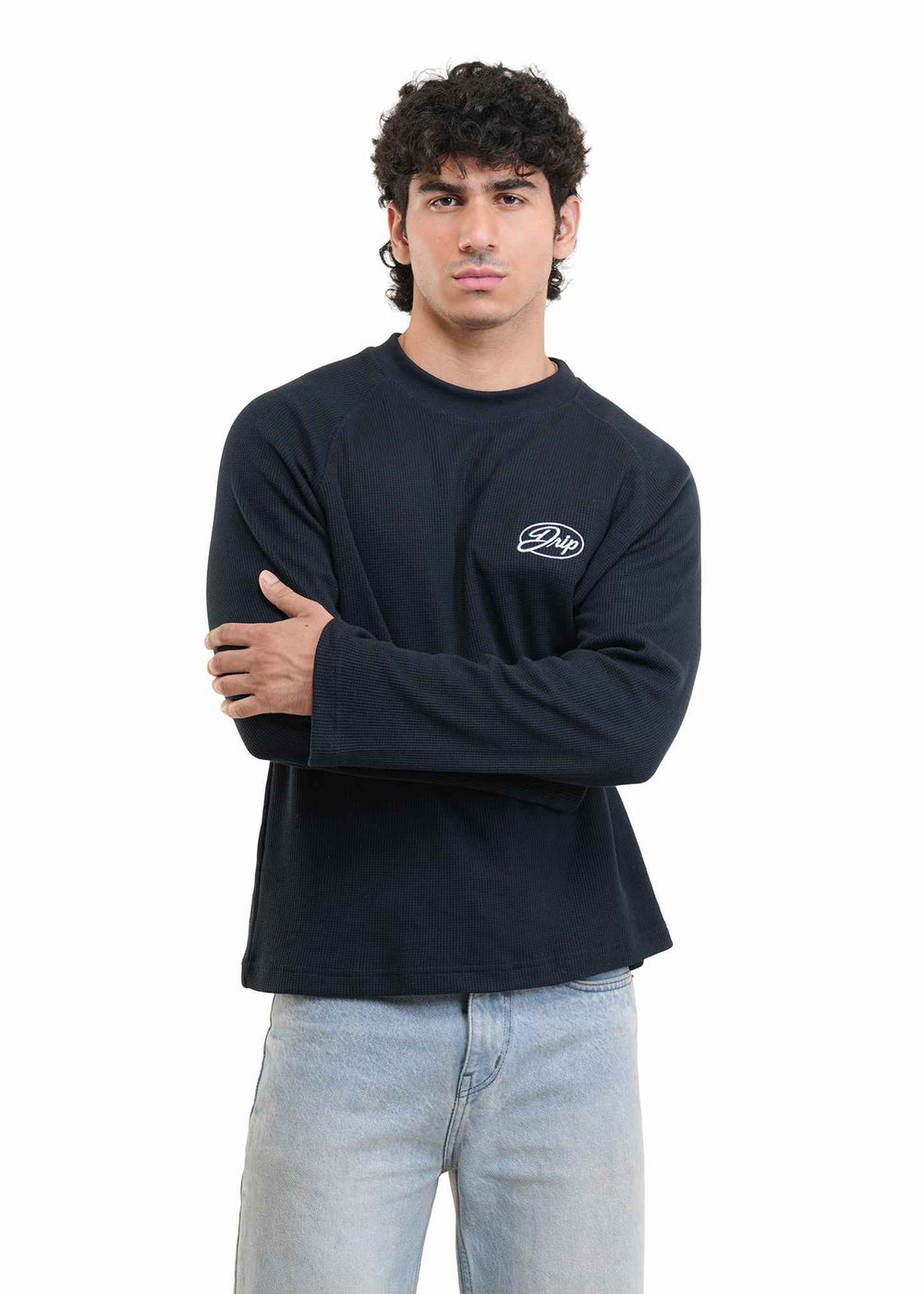 RAGLAN CROPPED WAFFLE KNIT - NAVY