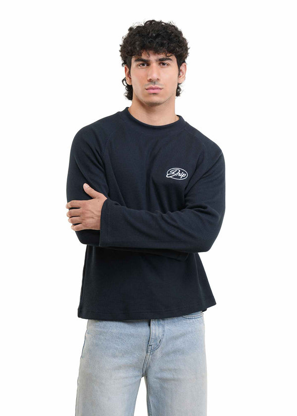 RAGLAN CROPPED WAFFLE KNIT - NAVY