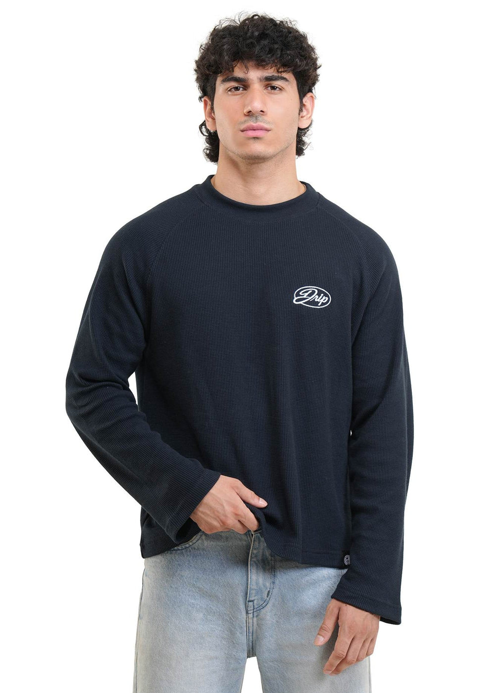 RAGLAN CROPPED WAFFLE KNIT - NAVY