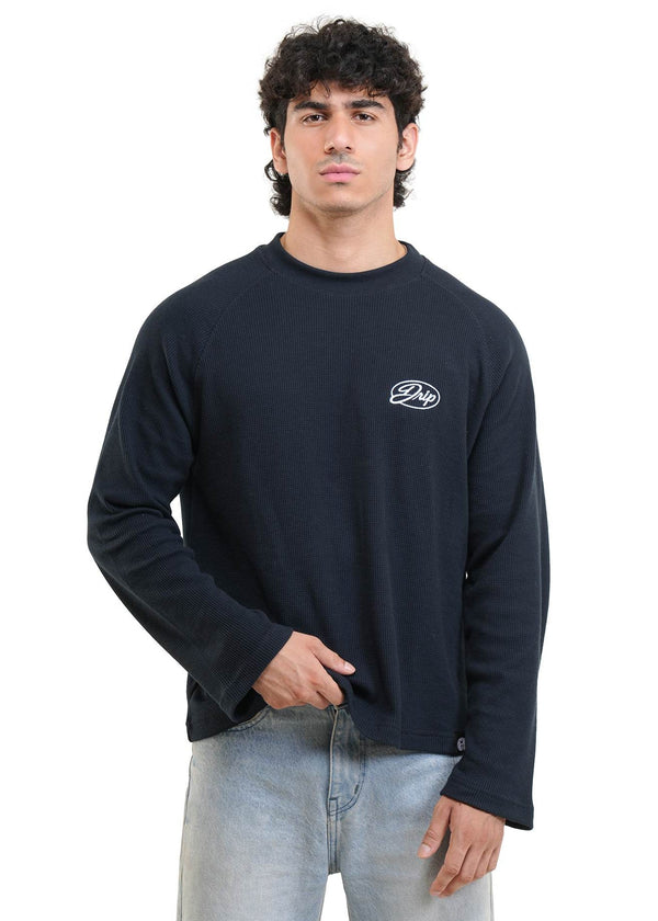 RAGLAN CROPPED WAFFLE KNIT - NAVY