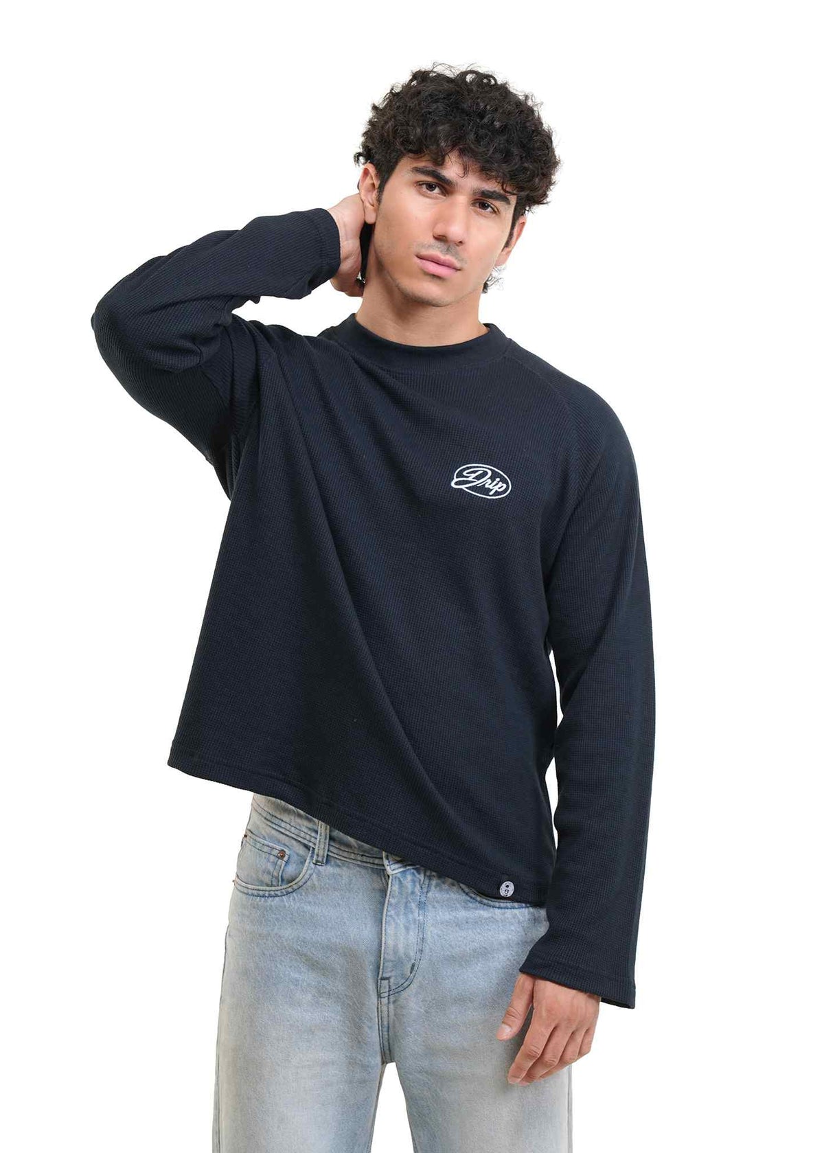 RAGLAN CROPPED WAFFLE KNIT - NAVY