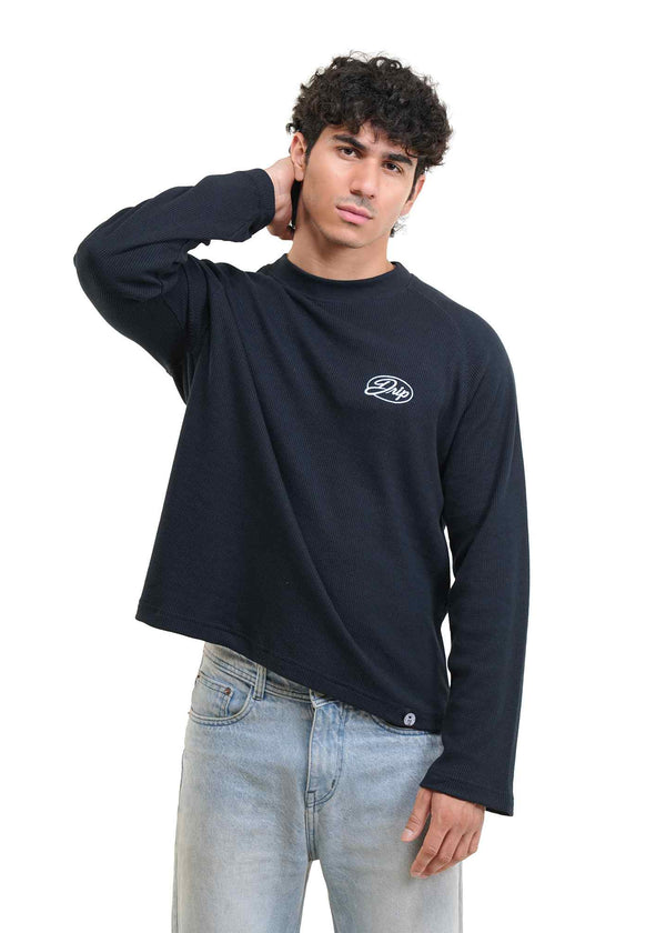 RAGLAN CROPPED WAFFLE KNIT - NAVY