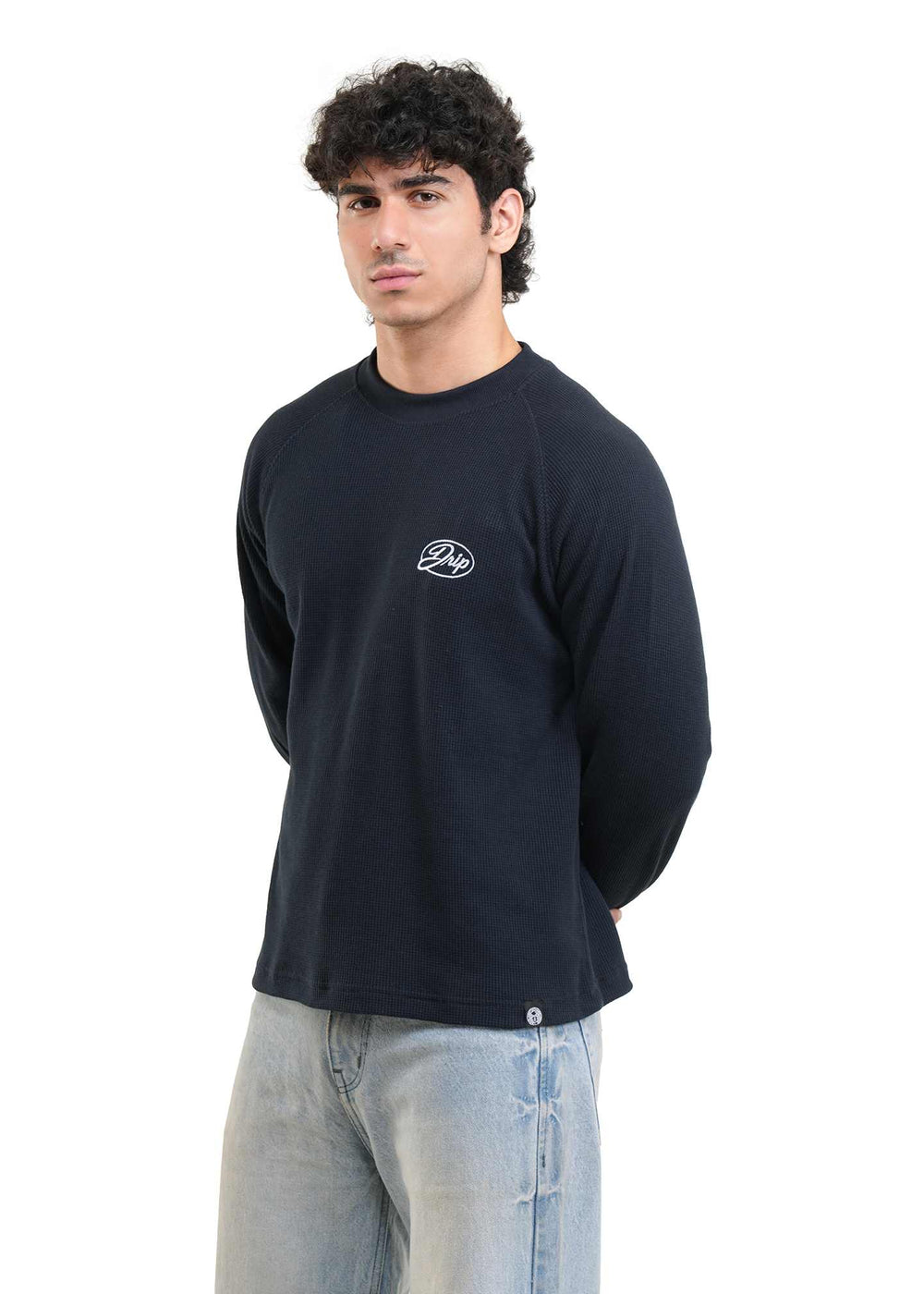 RAGLAN CROPPED WAFFLE KNIT - NAVY