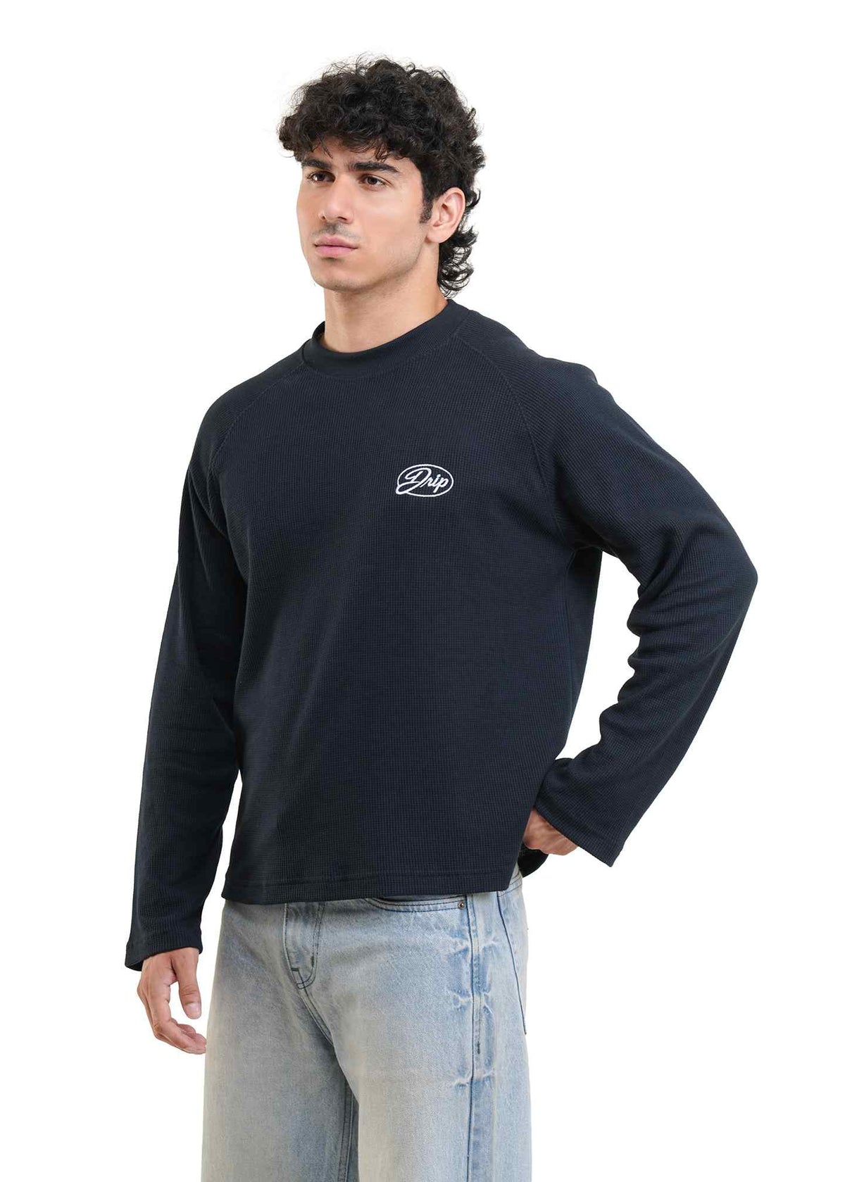 RAGLAN CROPPED WAFFLE KNIT - NAVY
