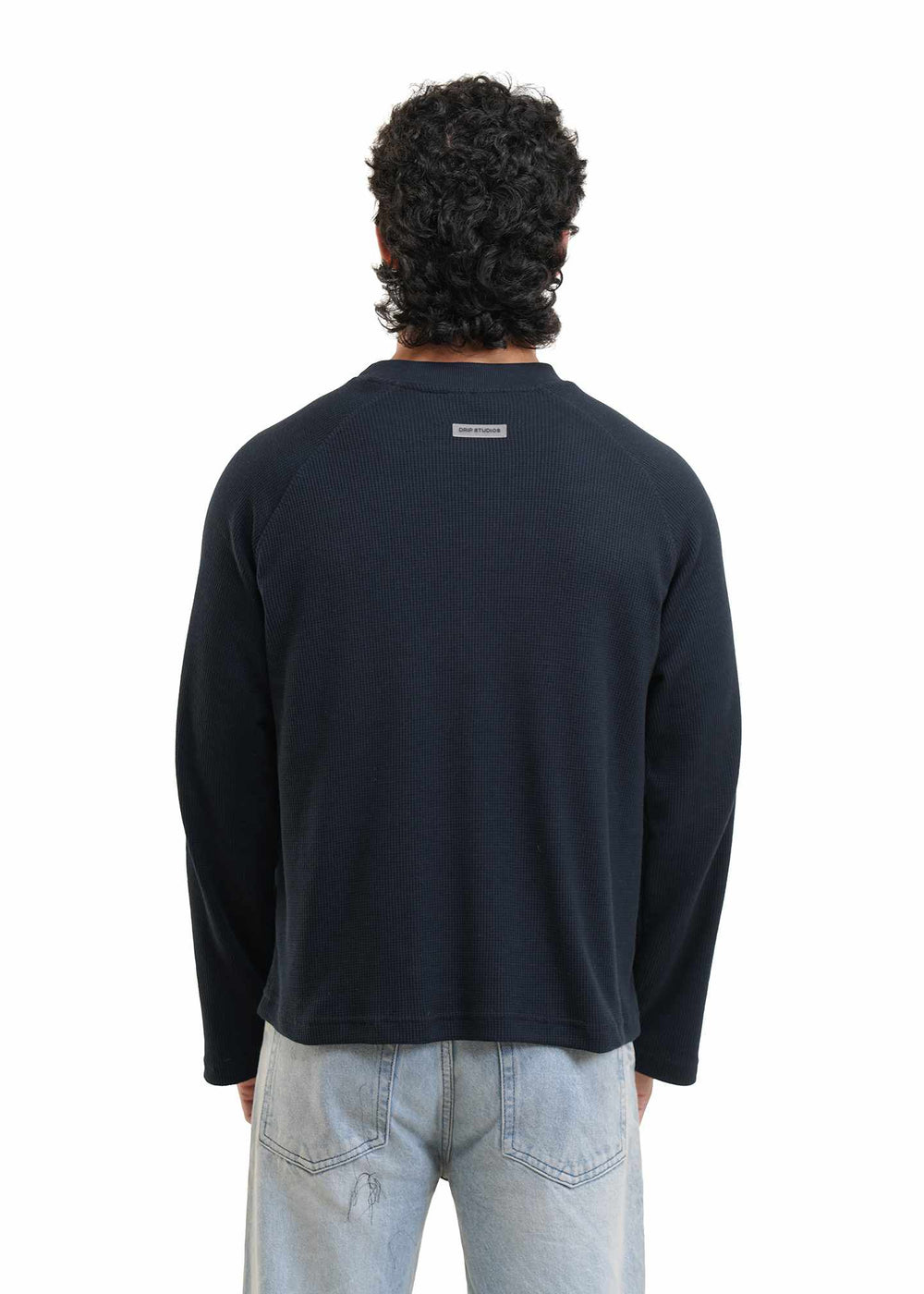 RAGLAN CROPPED WAFFLE KNIT - NAVY