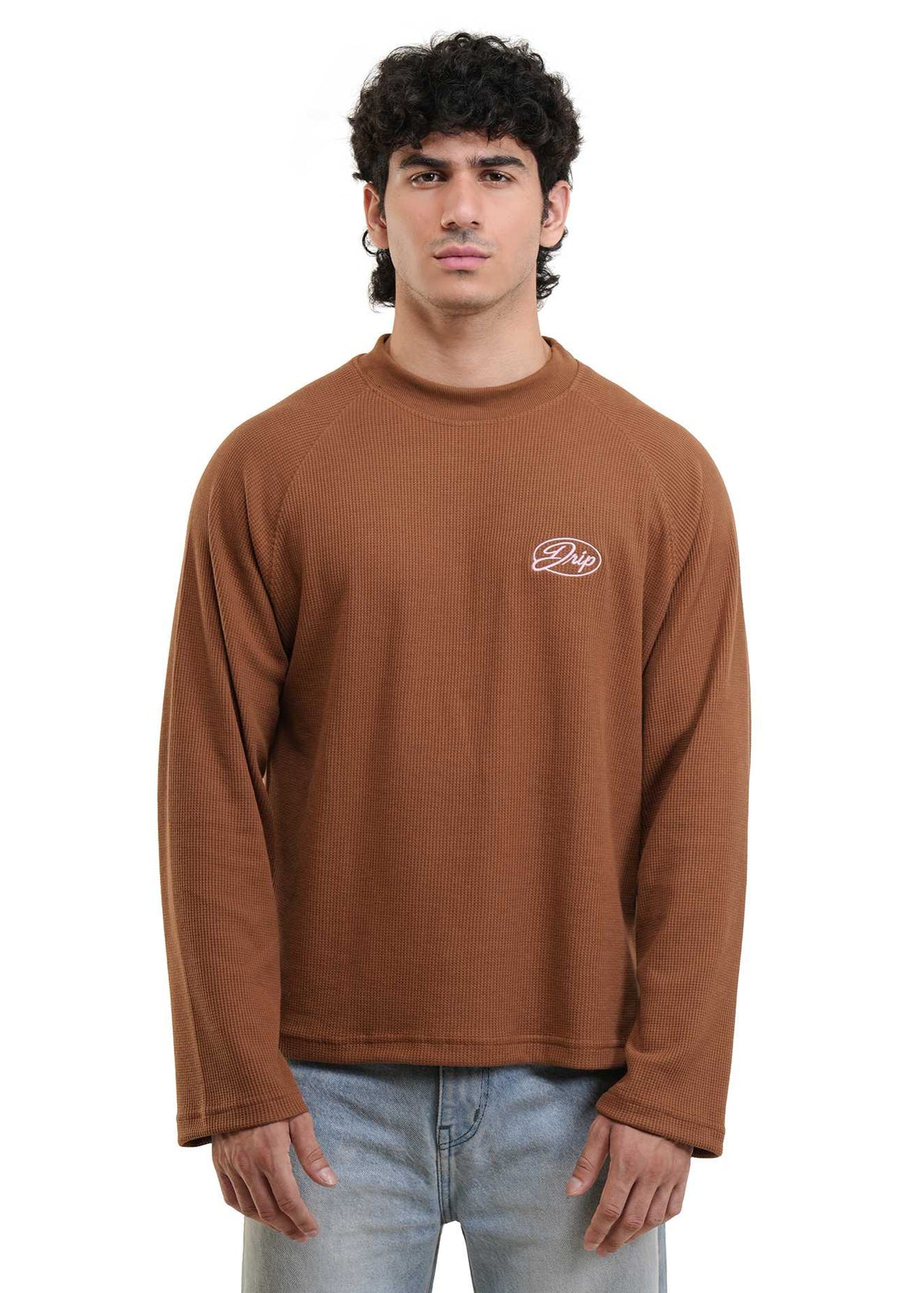 RAGLAN CROPPED WAFFLE KNIT - RUST BROWN