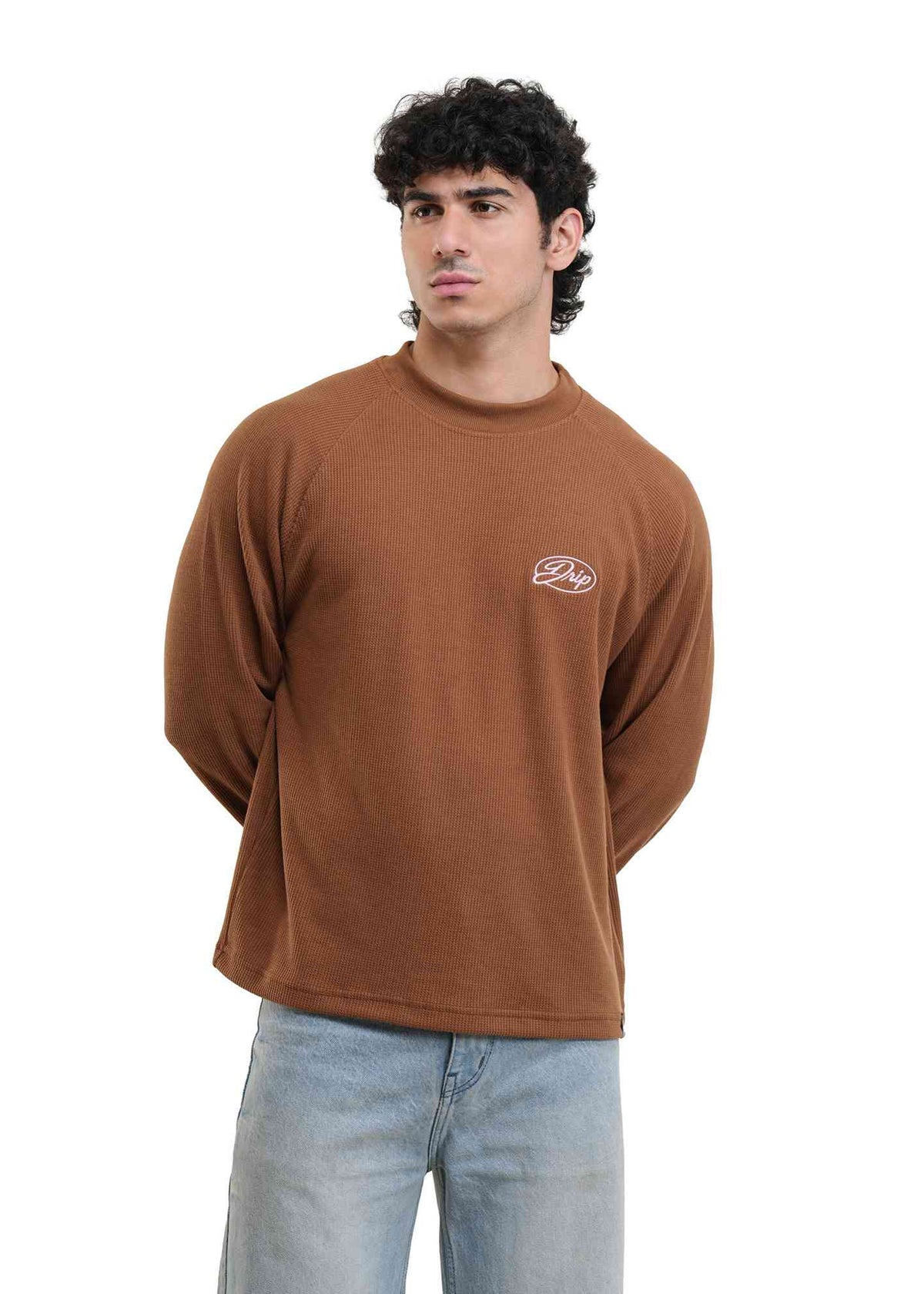 RAGLAN CROPPED WAFFLE KNIT - RUST BROWN