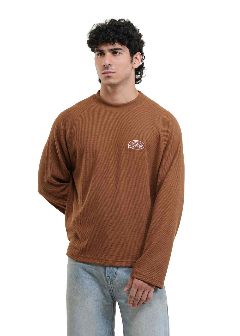RAGLAN CROPPED WAFFLE KNIT - RUST BROWN
