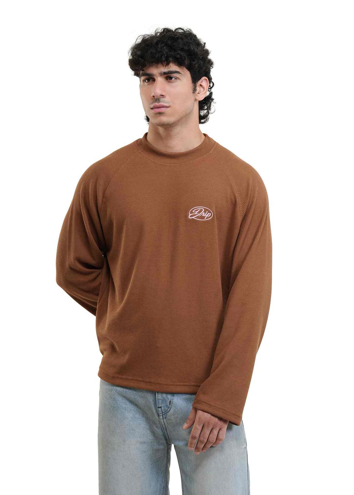 RAGLAN CROPPED WAFFLE KNIT - RUST BROWN