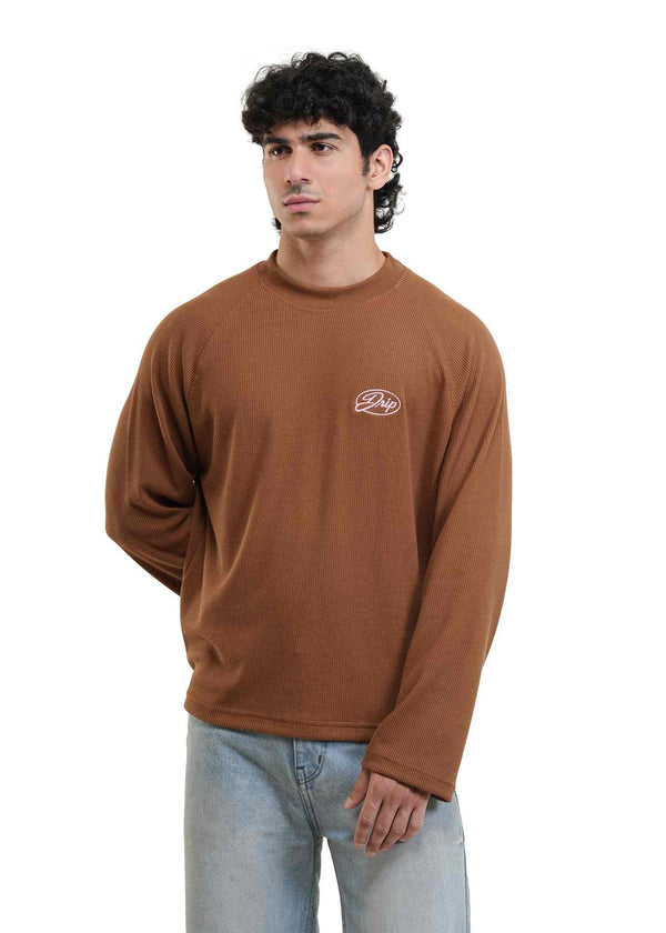 RAGLAN CROPPED WAFFLE KNIT - RUST BROWN