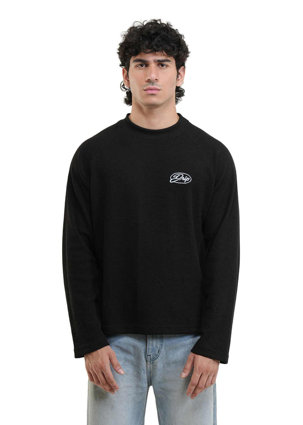 RAGLAN CROPPED WAFFLE KNIT - BLACK