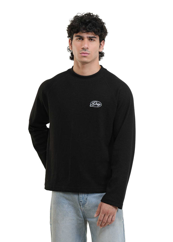 RAGLAN CROPPED WAFFLE KNIT - BLACK