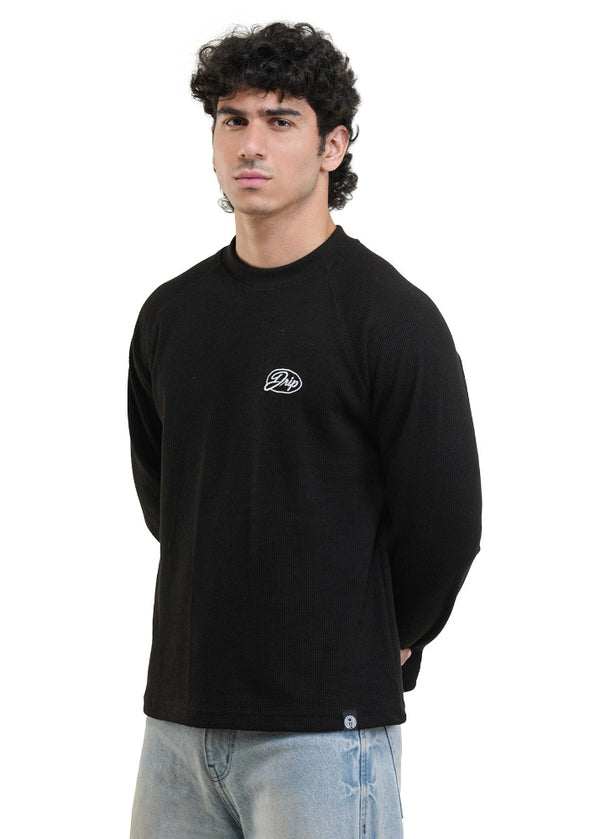 RAGLAN CROPPED WAFFLE KNIT - BLACK