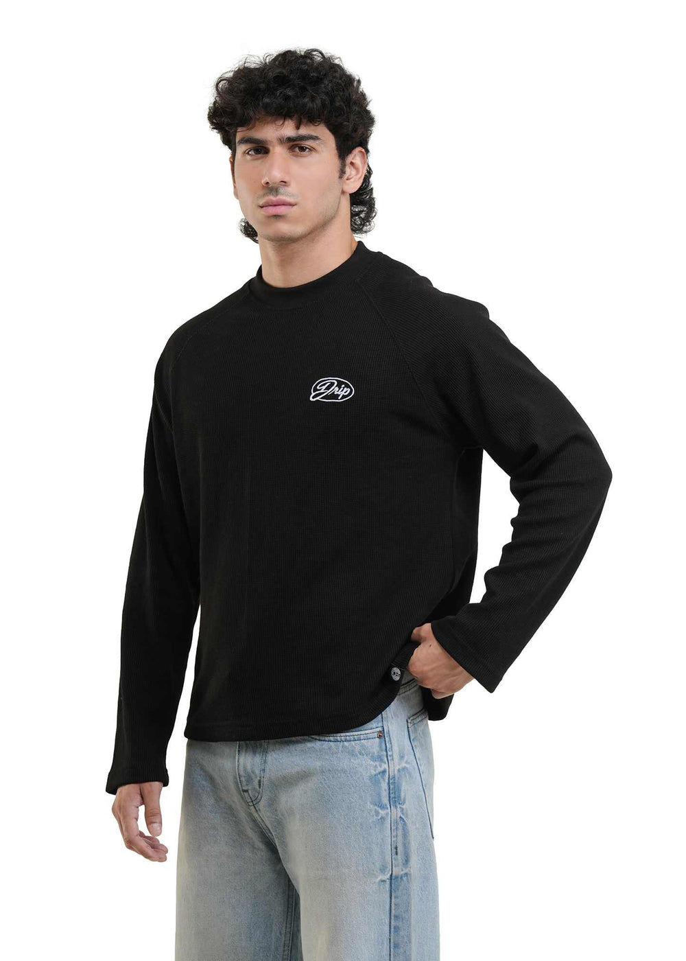 RAGLAN CROPPED WAFFLE KNIT - BLACK