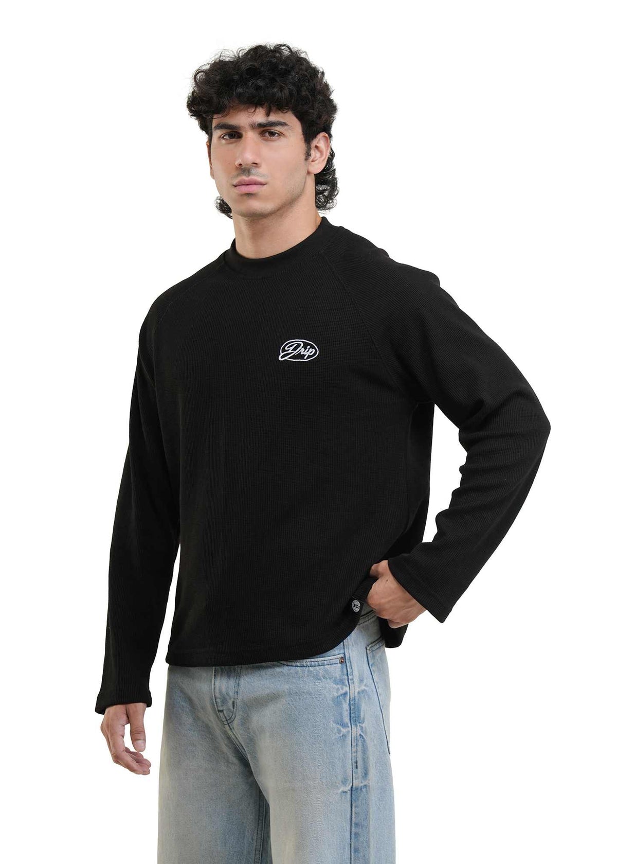 RAGLAN CROPPED WAFFLE KNIT - BLACK