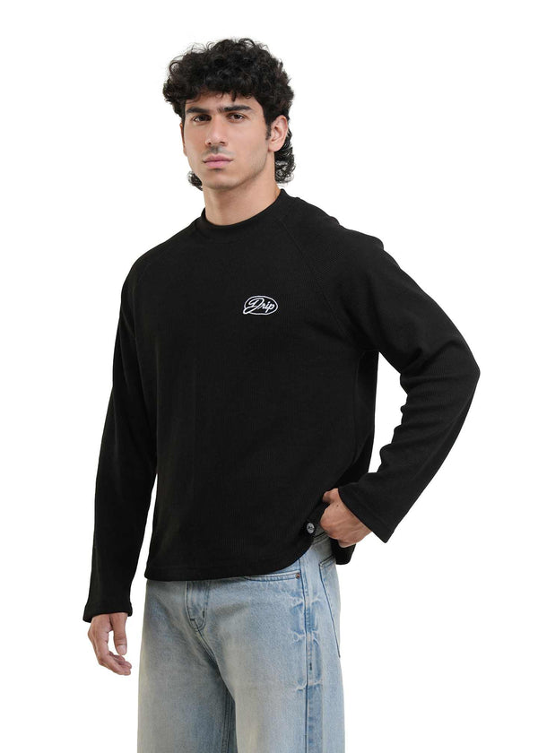 RAGLAN CROPPED WAFFLE KNIT - BLACK